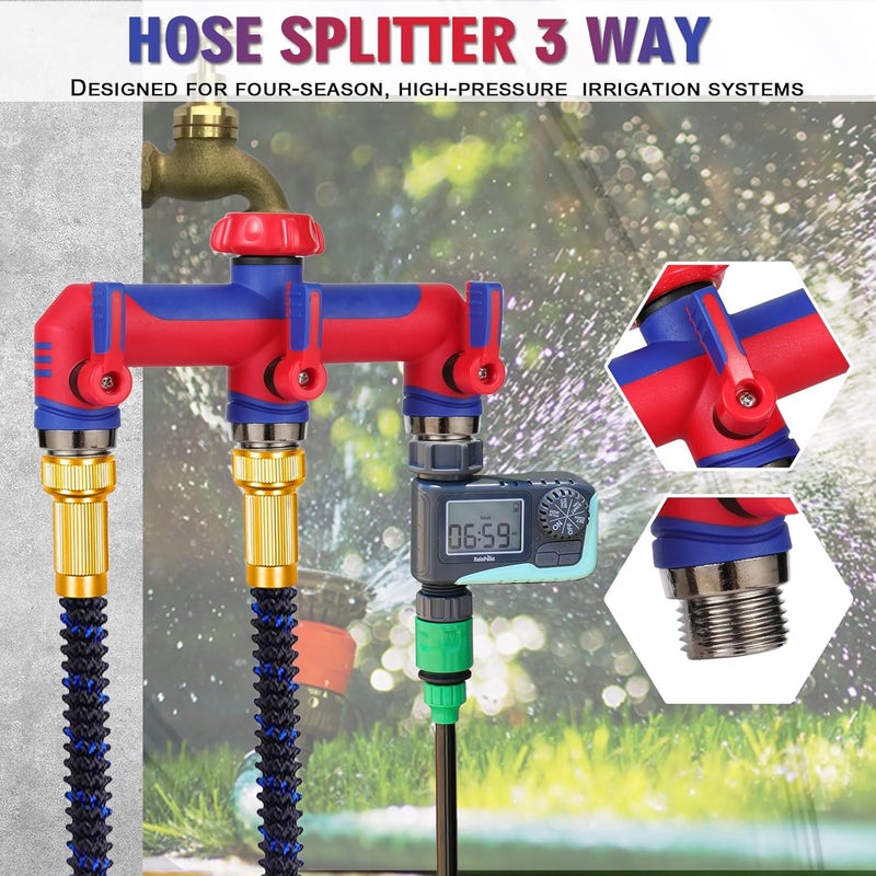 ATAOSGR 3 way Hose Splitter，Garden Hose Connector and Outdoor Faucet Splitter,with Shutoff Valves Hoses Adapter -T Water Spigot Splitter Water Pipe Connector，3/4" GHT Thread For Home Outdoor Garden（red blue） - Image 4